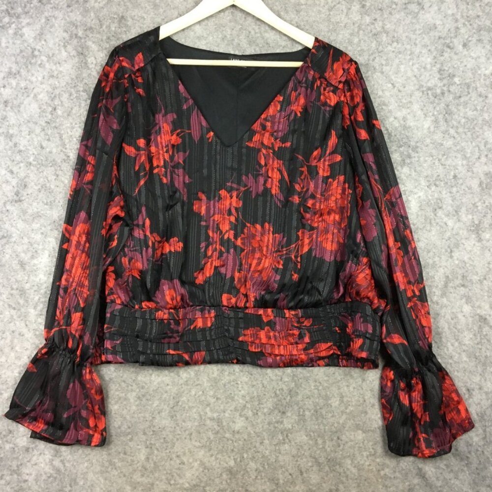 Lane Bryant Top 24 Blouse Red Floral V Neck Rucked Pleated Flared Cuff Lined